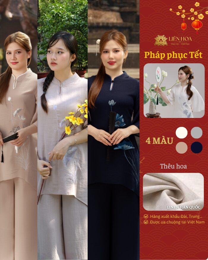 [Tết] Pháp Phục Nữ Liên Hoa – Đầm 1 Nút Truyền Thống, Thêu Hoa Sen, Thanh Lịch Đi Chùa – Hàng Thiết Kế – W1-LINENHQ-THEU