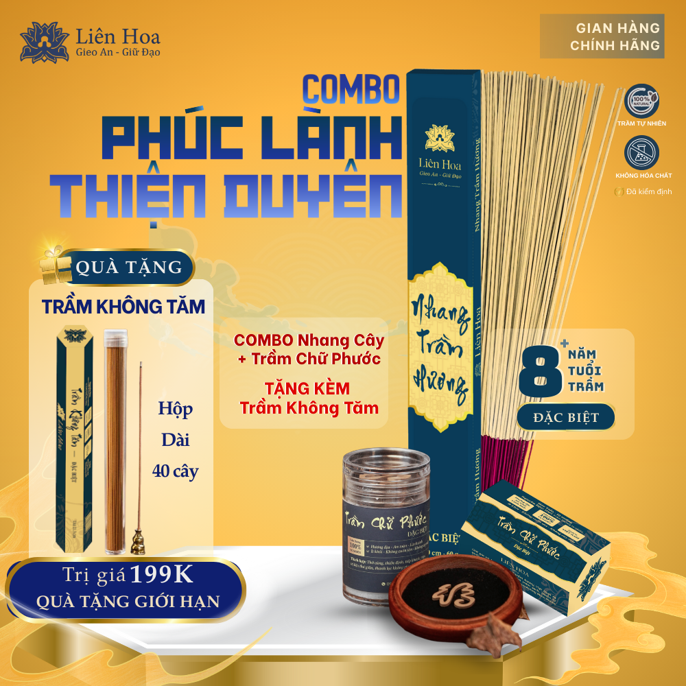 Combo Đặc Biệt - PHÚC LÀNH THIỆN DUYÊN - Trầm Hương Liên Hoa - Nhang Cây và Trầm Chữ Phước + TẶNG KÈM Trầm Không Tăm