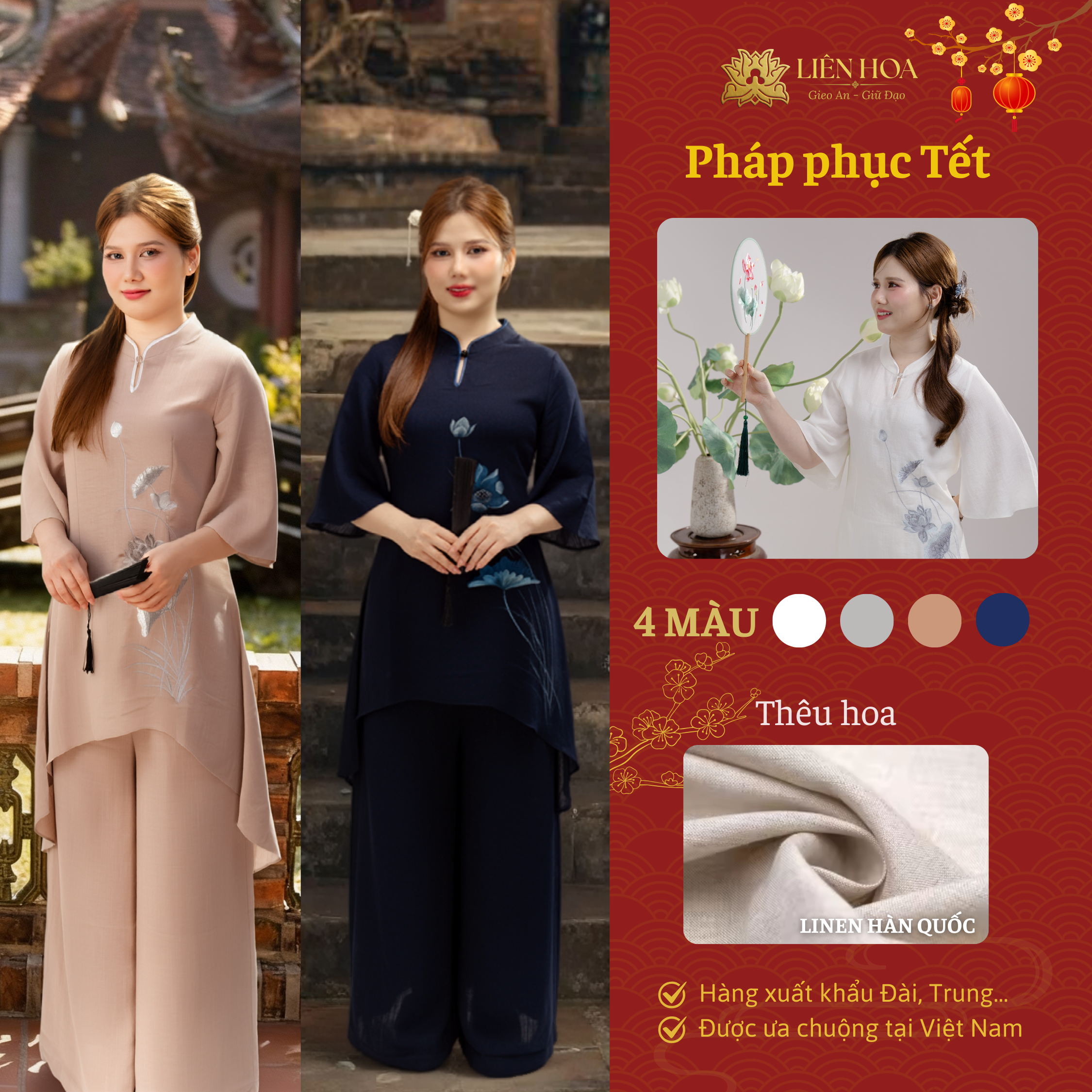 [Tết] Pháp Phục Nữ Liên Hoa – Đầm 1 Nút Truyền Thống, Thêu Hoa Sen, Thanh Lịch Đi Chùa - Hàng Thiết Kế - W1-LINENHQ-THEU