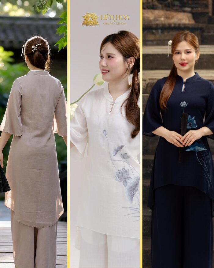 [Tết] Pháp Phục Nữ Liên Hoa – Đầm 1 Nút Truyền Thống, Thêu Hoa Sen, Thanh Lịch Đi Chùa – Hàng Thiết Kế – W1-LINENHQ-THEU