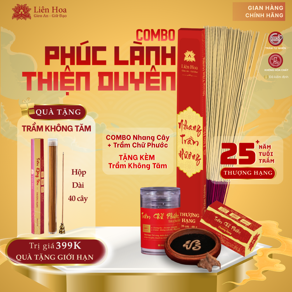 Combo Thượng Hạng - PHÚC LÀNH THIỆN DUYÊN - Trầm Hương Liên Hoa - Nhang Cây và Trầm Chữ Phước + TẶNG KÈM Trầm Không Tăm
