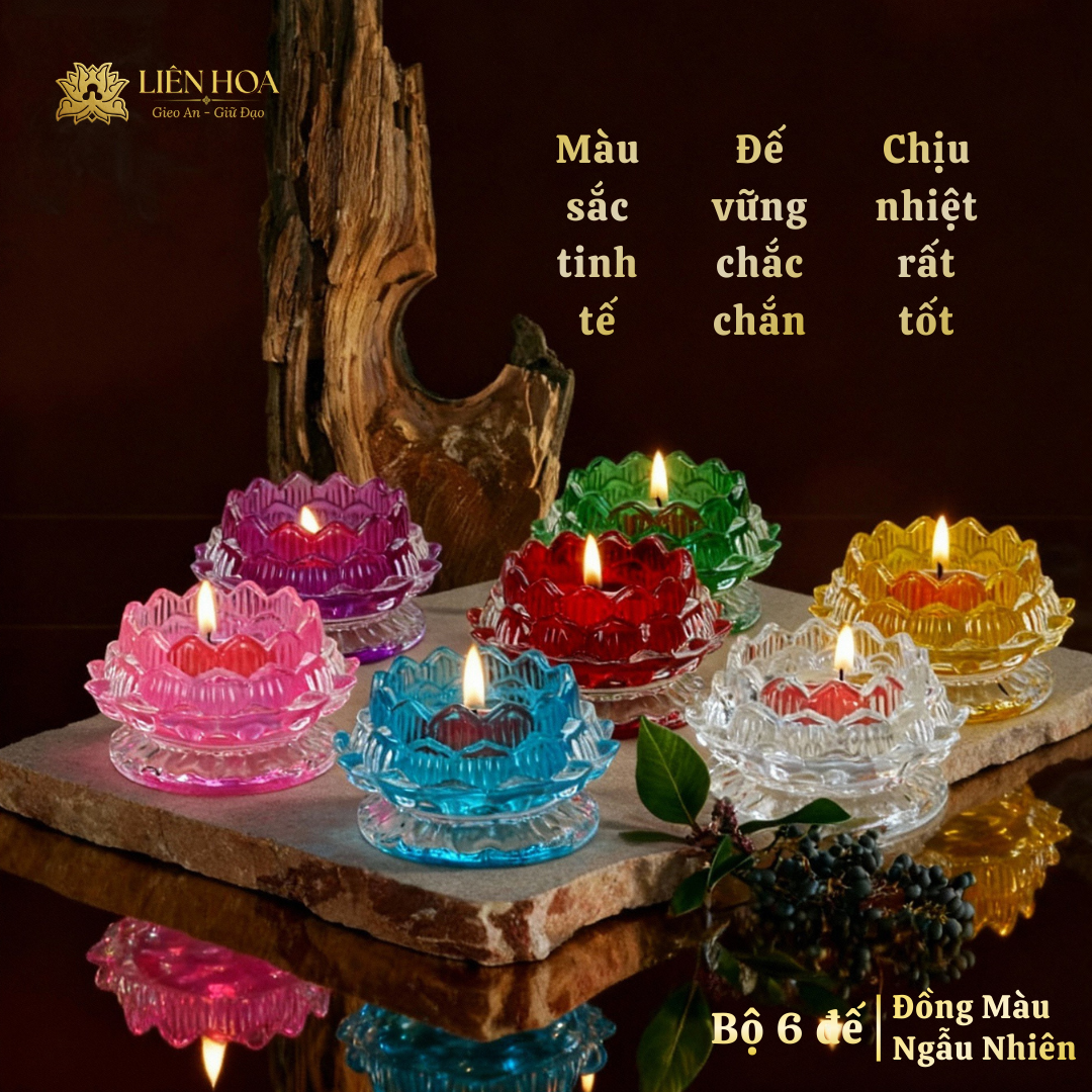 Bộ 6 Đế Nến Hoa Sen Lưu Ly Liên Hoa – Đế Thấp – Chân Đèn Cầy Decor Trang Trí, Nhiều Màu Sắc (6 cái)