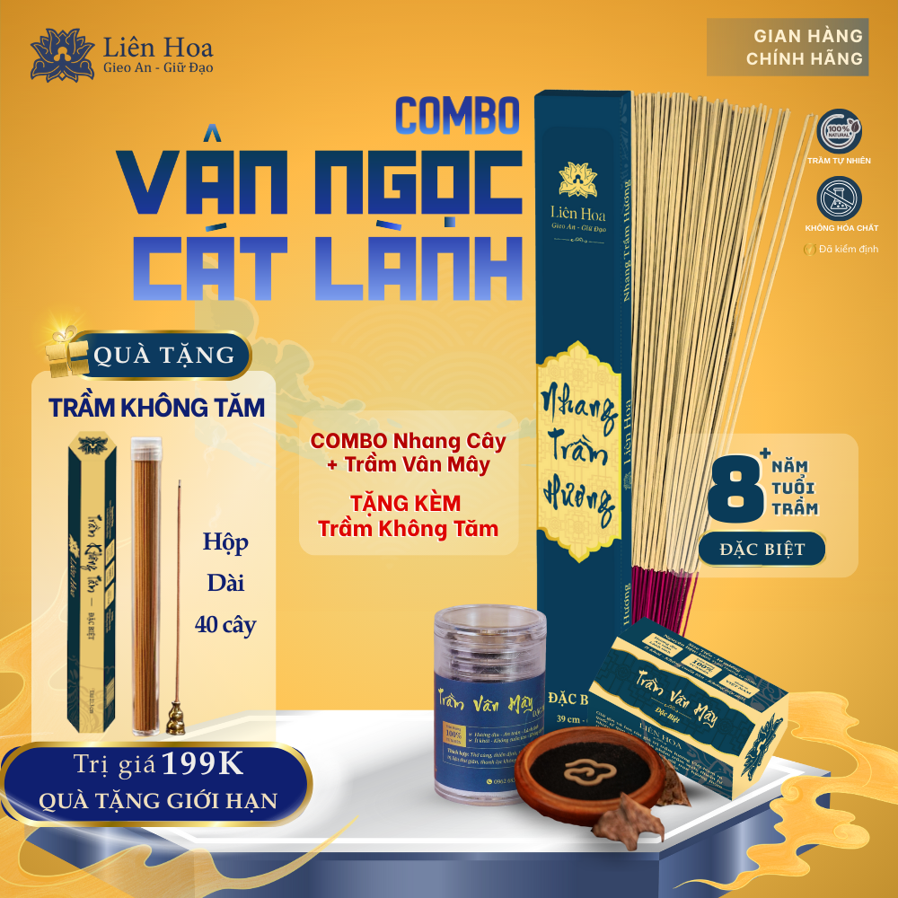Combo Đặc Biệt - VÂN NGỌC CÁT LÀNH - Trầm Hương Liên Hoa - Nhang Cây và Trầm Vân Mây + TẶNG KÈM Trầm Không Tăm