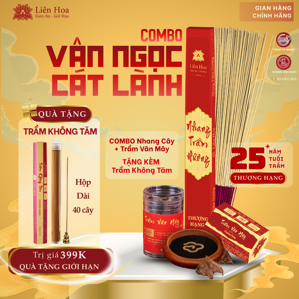 Combo Thượng Hạng - VÂN NGỌC CÁT LÀNH - Trầm Hương Liên Hoa - Nhang Cây và Trầm Vân Mây + TẶNG KÈM Trầm Không Tăm