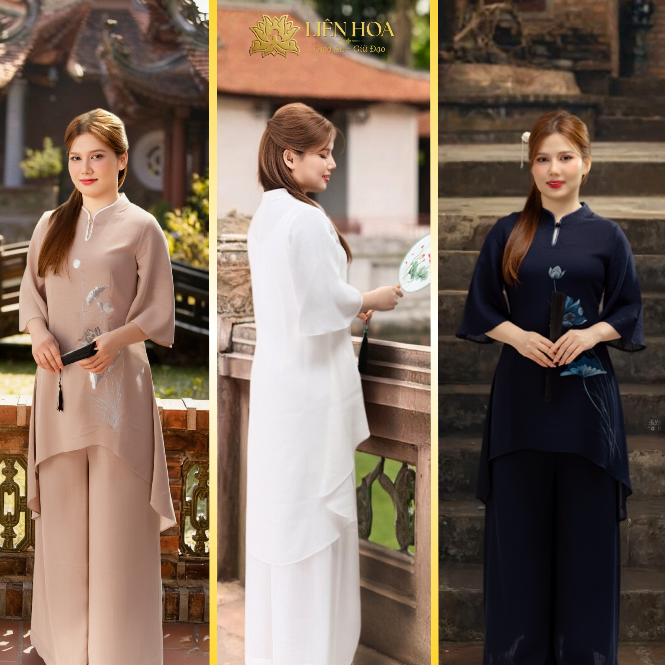 [Tết] Pháp Phục Nữ Liên Hoa – Đầm 1 Nút Truyền Thống, Thêu Hoa Sen, Thanh Lịch Đi Chùa - Hàng Thiết Kế - W1-LINENHQ-THEU