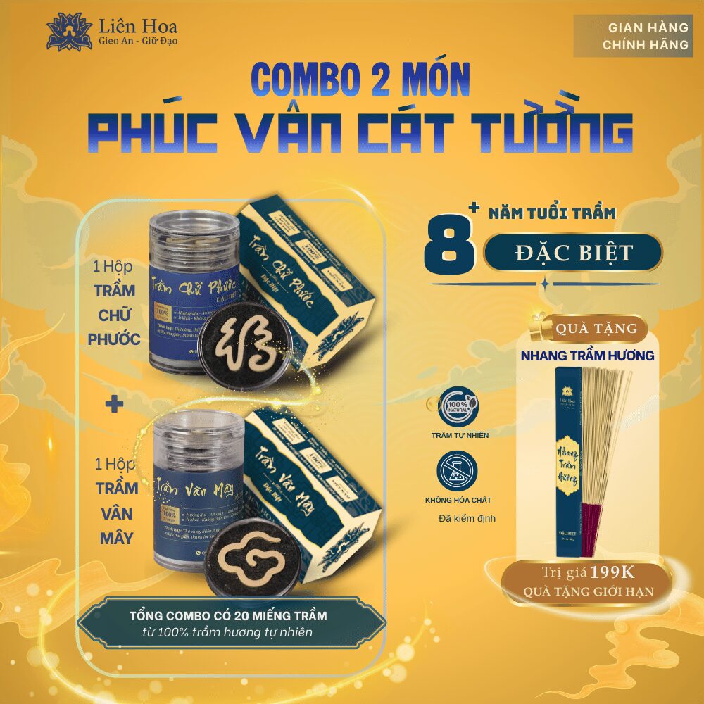 Combo Đặc Biệt - PHÚC VÂN CÁT TƯỜNG - Trầm Hương Liên Hoa - Trầm Chữ Phước và Trầm Vân Mây + TẶNG KÈM Nhang Trầm