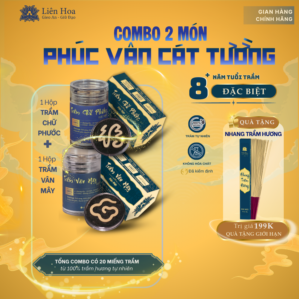 Combo Đặc Biệt - PHÚC VÂN CÁT TƯỜNG - Trầm Hương Liên Hoa - Trầm Chữ Phước và Trầm Vân Mây + TẶNG KÈM Nhang Trầm