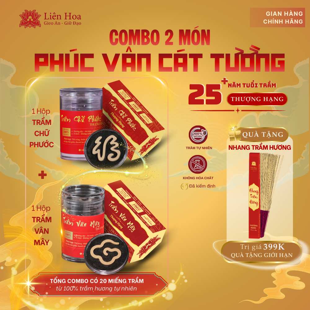 Combo Thượng Hạng - PHÚC VÂN CÁT TƯỜNG - Trầm Hương Liên Hoa - Trầm Chữ Phước và Trầm Vân Mây + TẶNG KÈM Nhang Trầm