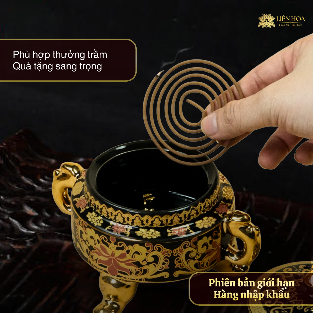 Lư Sứ Đốt Trầm Men Đen Liên Hoa – Hoa Văn Kim Đỏ Ba Chân Vững Tâm