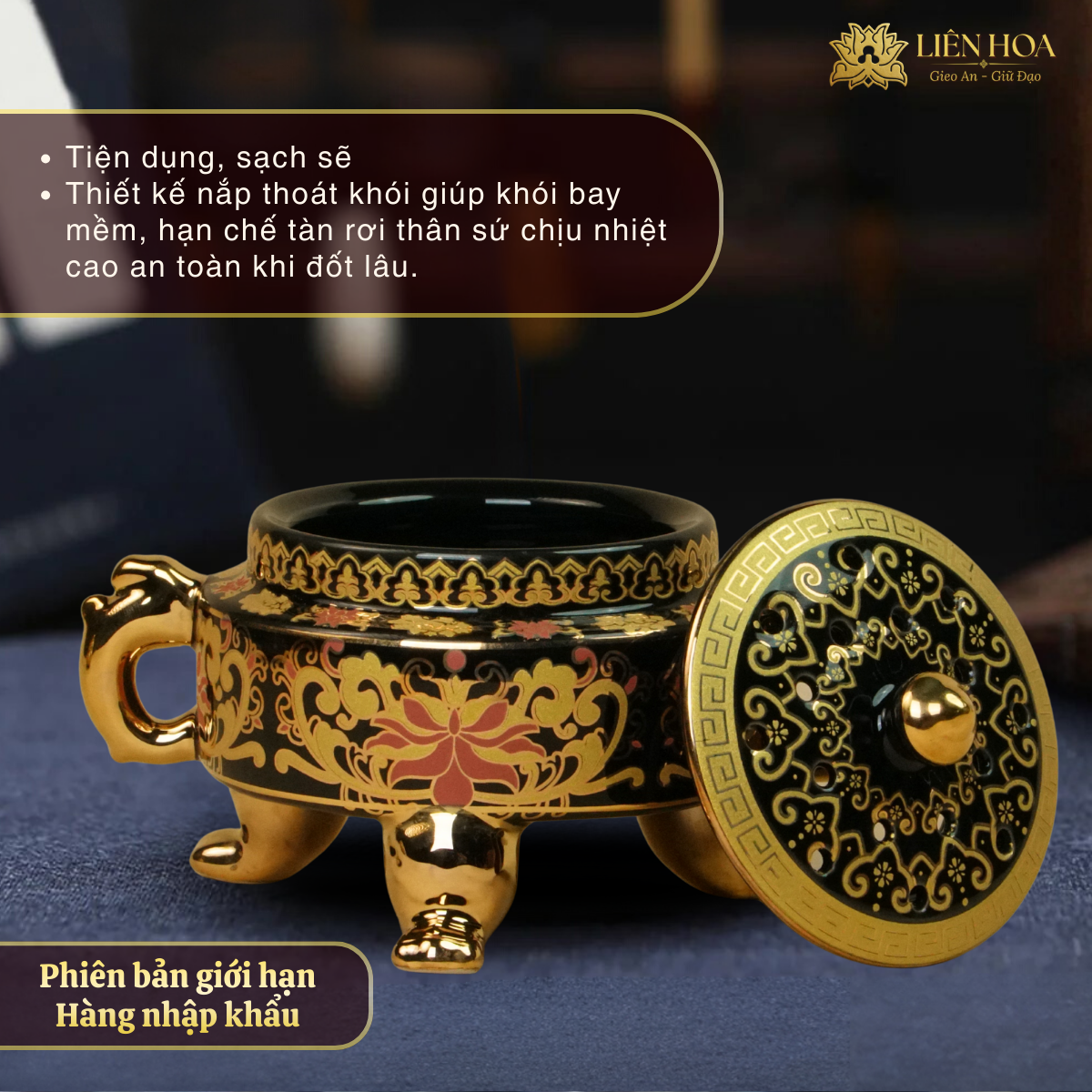 Lư Sứ Đốt Trầm Men Đen Liên Hoa – Hoa Văn Kim Đỏ Ba Chân Vững Tâm