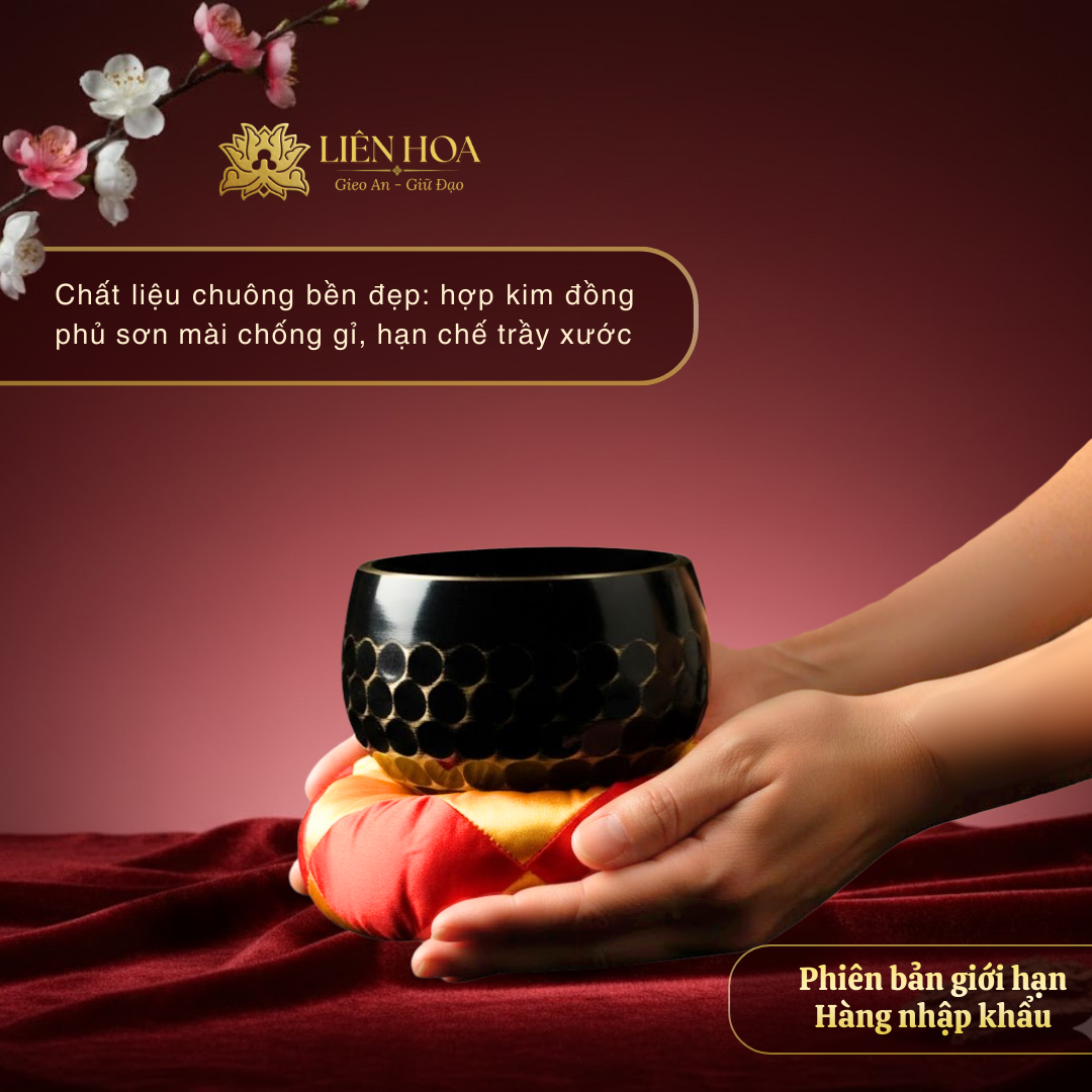 Chuông Đồng Hắc Kim Liên Hoa & Mõ Gỗ Long Não – Họa Tiết Tổ Ong Thiền Âm