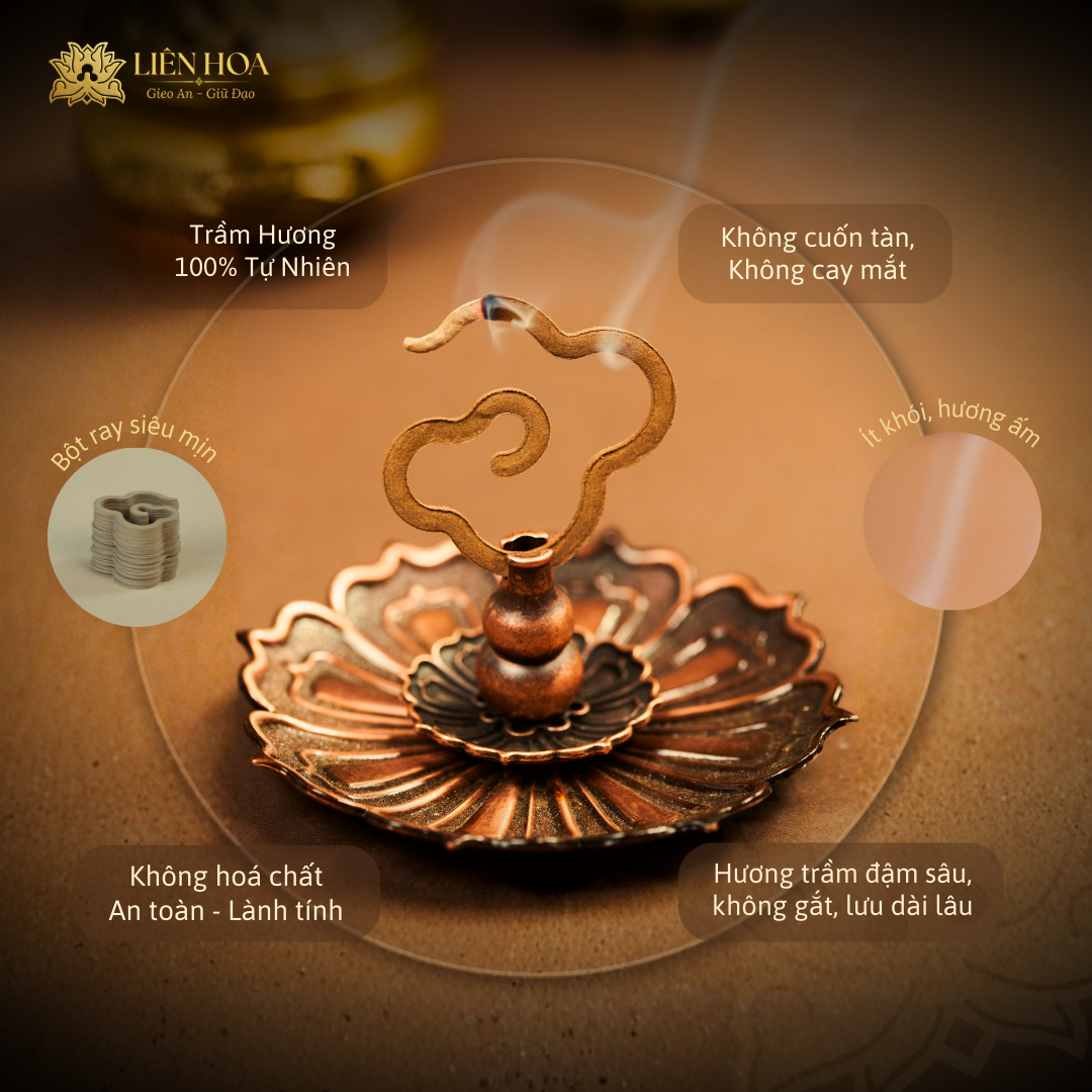 Combo Thượng Hạng - PHÚC VÂN CÁT TƯỜNG - Trầm Hương Liên Hoa - Trầm Chữ Phước và Trầm Vân Mây + TẶNG KÈM Nhang Trầm