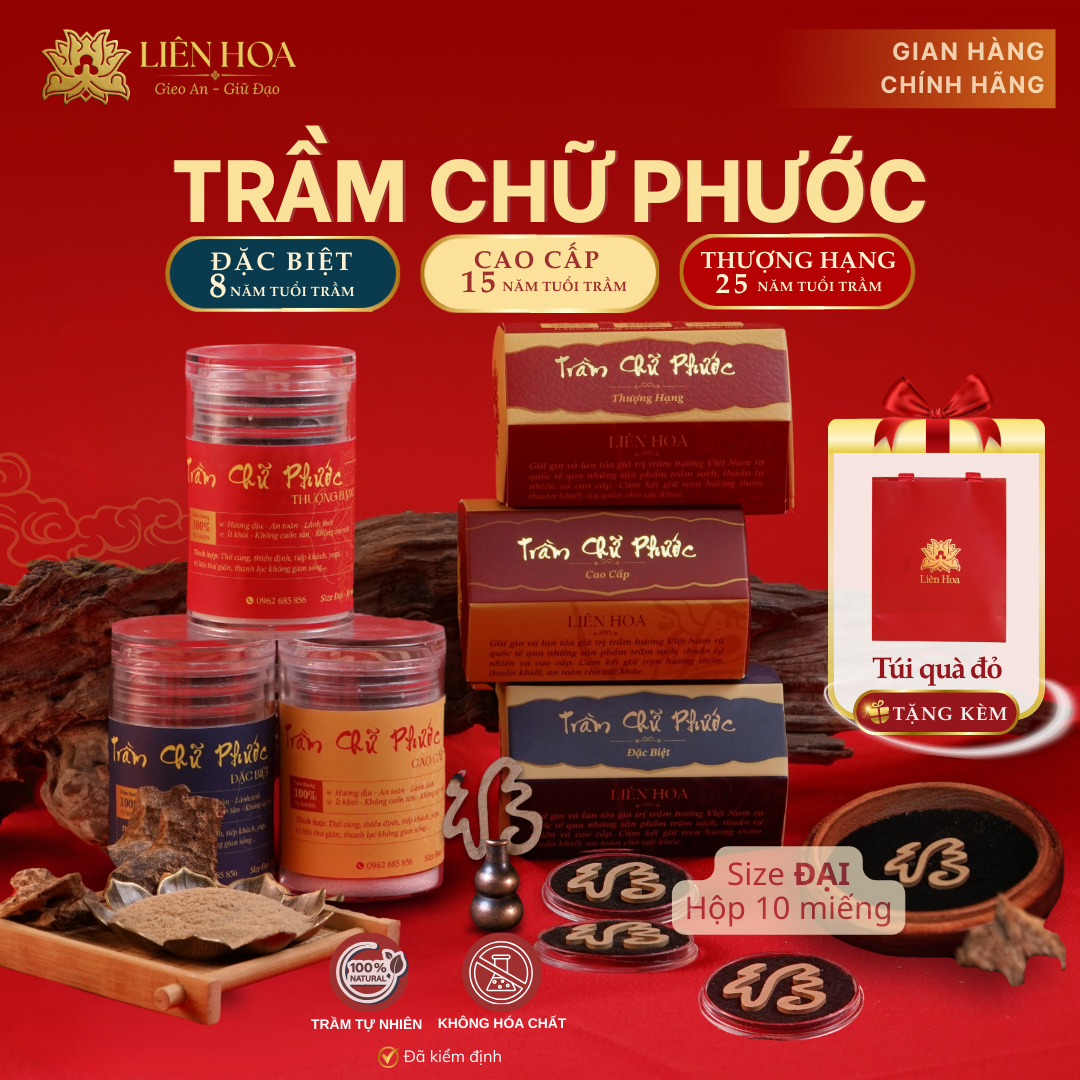 Trầm Hương Chữ Phước - 10 miếng - ĐẶC BIỆT - CAO CẤP - THƯỢNG HẠNG - Size Đại | Sạch | Thơm | 100% Tự Nhiên | Phong Thủy