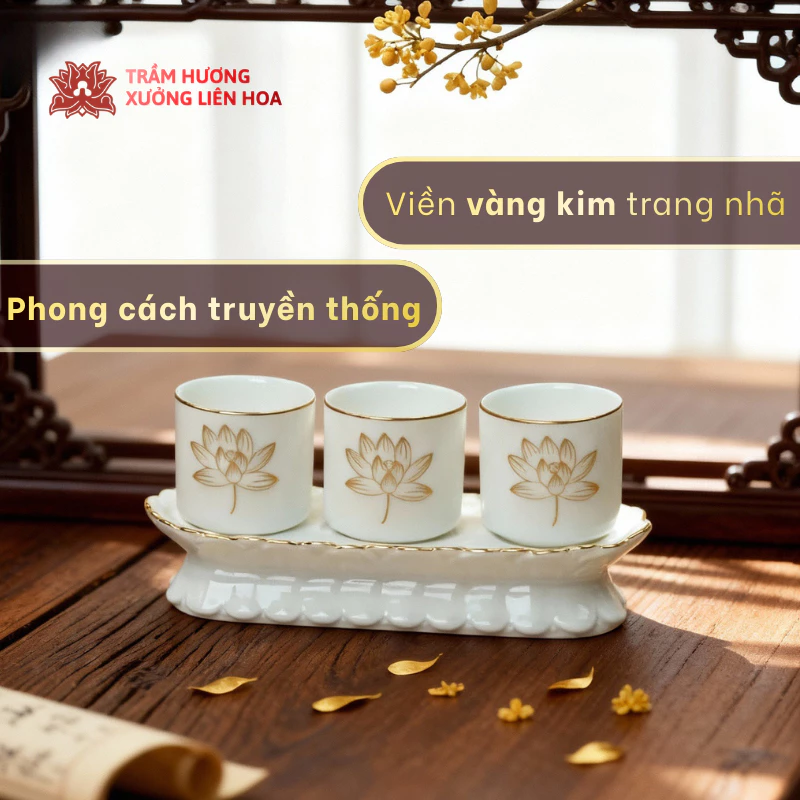 Bộ 3 Ly Nước Thờ Cúng Hoa Sen Bằng Gốm Sứ Cao Cấp Viền Vàng