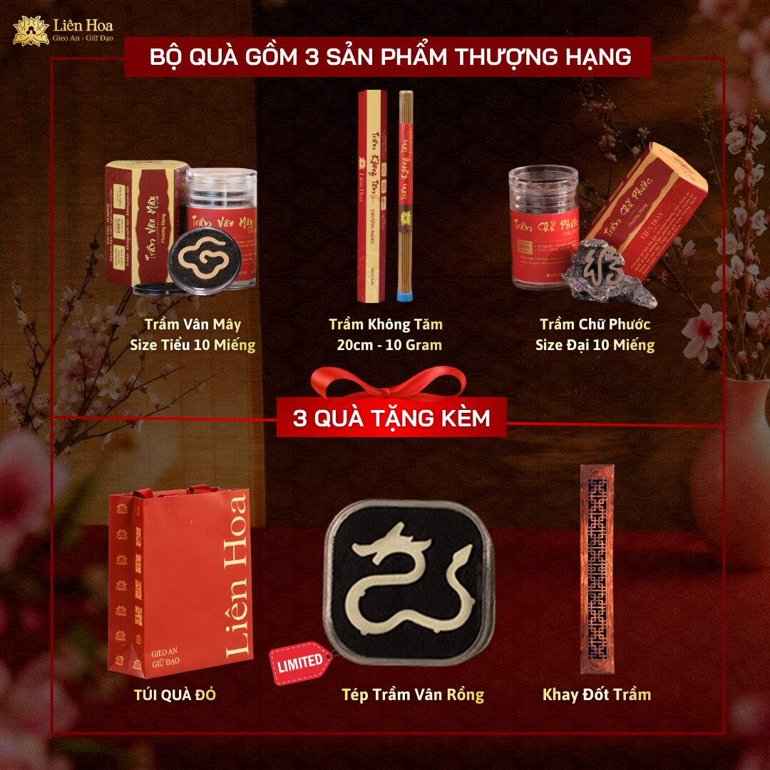 Túi Quà Tết Trầm Thượng Hạng – Trầm Phước, Vân Mây, Không Tăm | Mua 3 Tặng 3