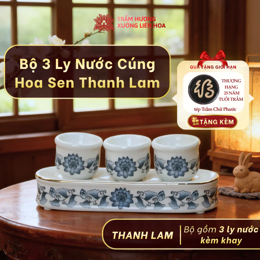 Bộ 3 Ly Nước Thờ Cúng Hoa Sen Bằng Gốm Sứ Cao Cấp Màu Thanh Lam