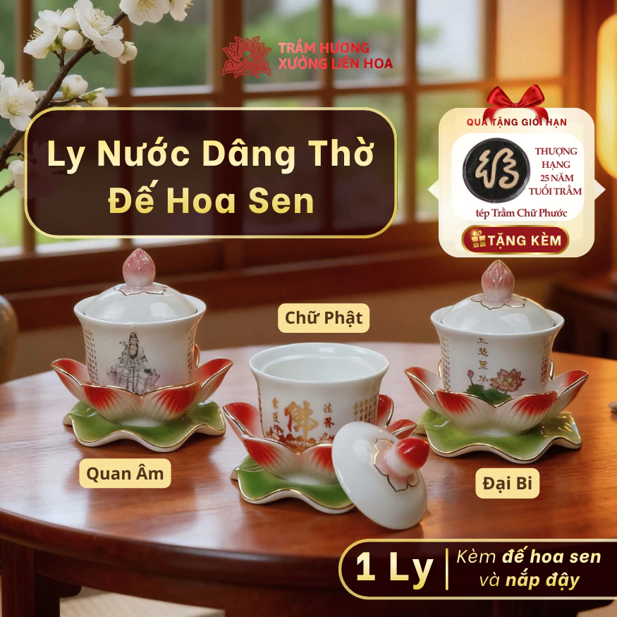 Ly Nước Cúng Có Nắp Kèm Đế Hoa Sen Bằng Sứ Cao Cấp Hình Quan Âm, Đại Bi,Chữ Phật Đựng Nước Thờ Cúng