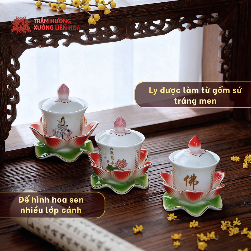 Ly Nước Cúng Có Nắp Kèm Đế Hoa Sen Bằng Sứ Cao Cấp Hình Quan Âm, Đại Bi,Chữ Phật Đựng Nước Thờ Cúng