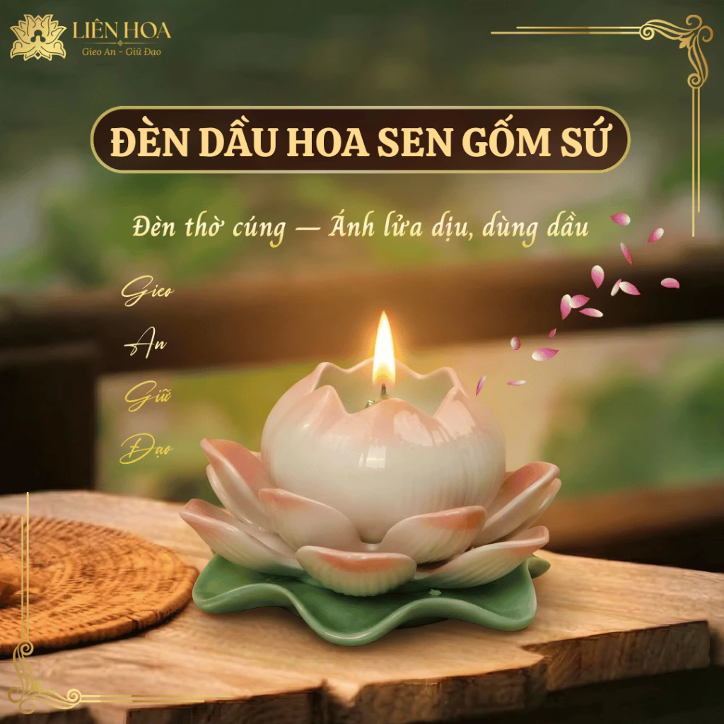 Đèn Dầu Hoa Sen Gốm Sứ Liên Hoa – Đèn Thờ Cúng Cao Cấp Thắp Sáng Phòng Thờ