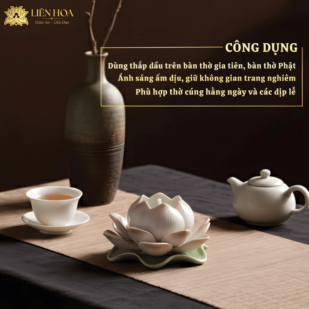 Đèn Dầu Hoa Sen Gốm Sứ Liên Hoa – Đèn Thờ Cúng Cao Cấp Thắp Sáng Phòng Thờ