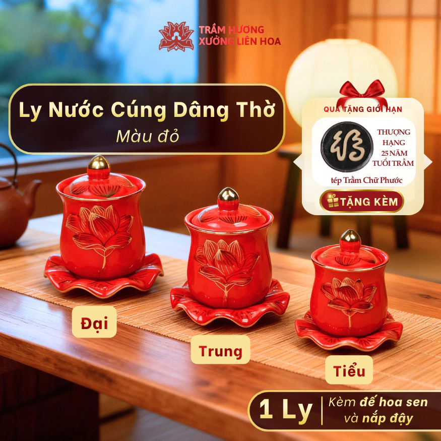 Ly Nước Cúng Có Nắp Kèm Đế Hoa Sen Bằng Sứ Cao Cấp Màu Đỏ Đựng Nước Dâng Thờ