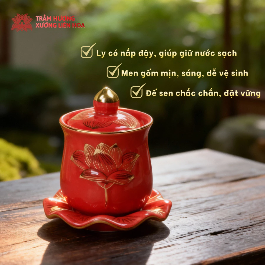 Ly Nước Cúng Có Nắp Kèm Đế Hoa Sen Bằng Sứ Cao Cấp Màu Đỏ Đựng Nước Dâng Thờ