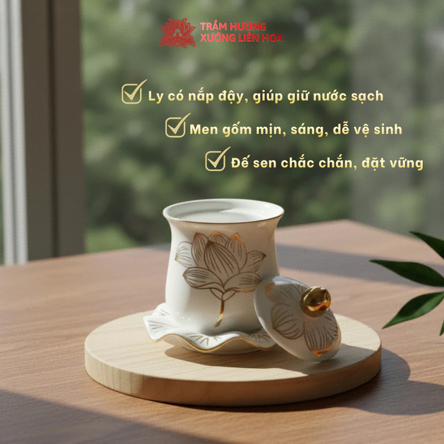 Ly Nước Cúng Có Nắp Kèm Đế Hoa Sen Bằng Sứ Cao Cấp Màu Trắng Đựng Nước Dâng Thờ