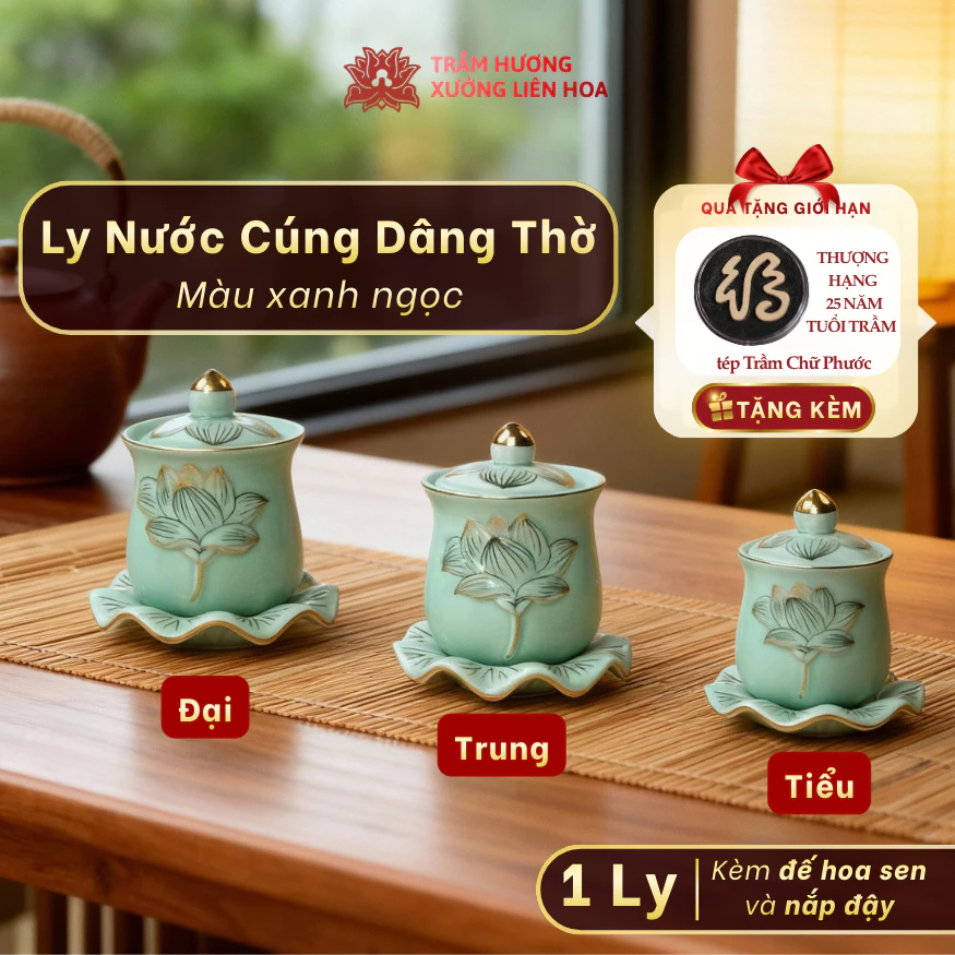 Ly Nước Cúng Có Nắp Kèm Đế Hoa Sen Bằng Sứ Cao Cấp Màu Xanh Ngọc Đựng Nước Dâng Thờ