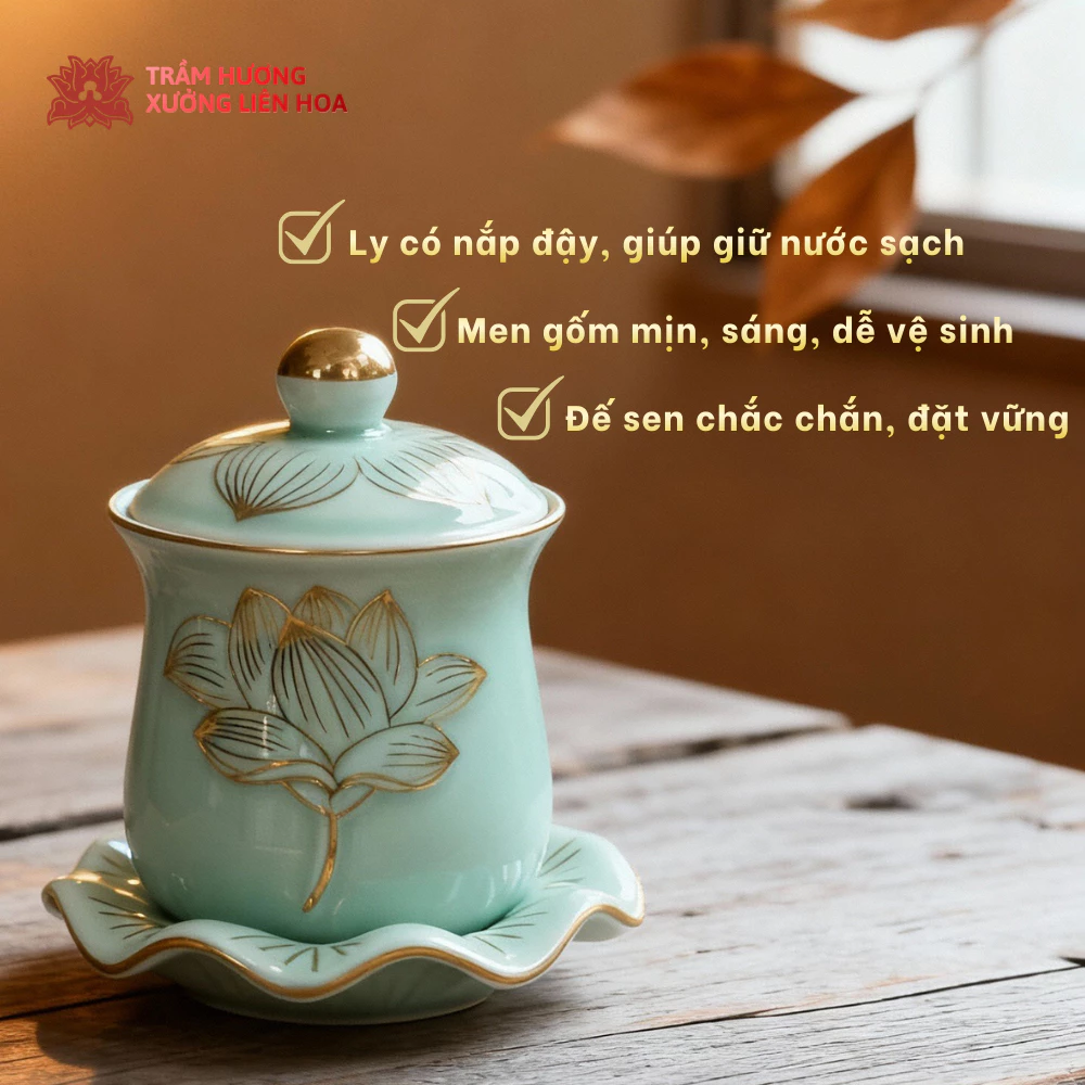 Ly Nước Cúng Có Nắp Kèm Đế Hoa Sen Bằng Sứ Cao Cấp Màu Xanh Ngọc Đựng Nước Dâng Thờ