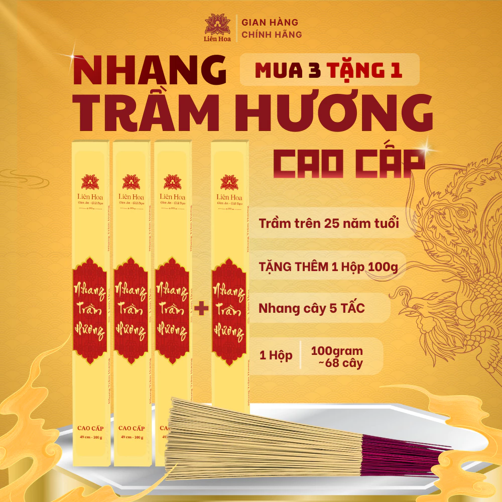 [MUA 3 TẶNG 1] Nhang Trầm Hương Cao Cấp Liên Hoa 49cm 100g | Nhang Cây 5 Tấc Ít Khói