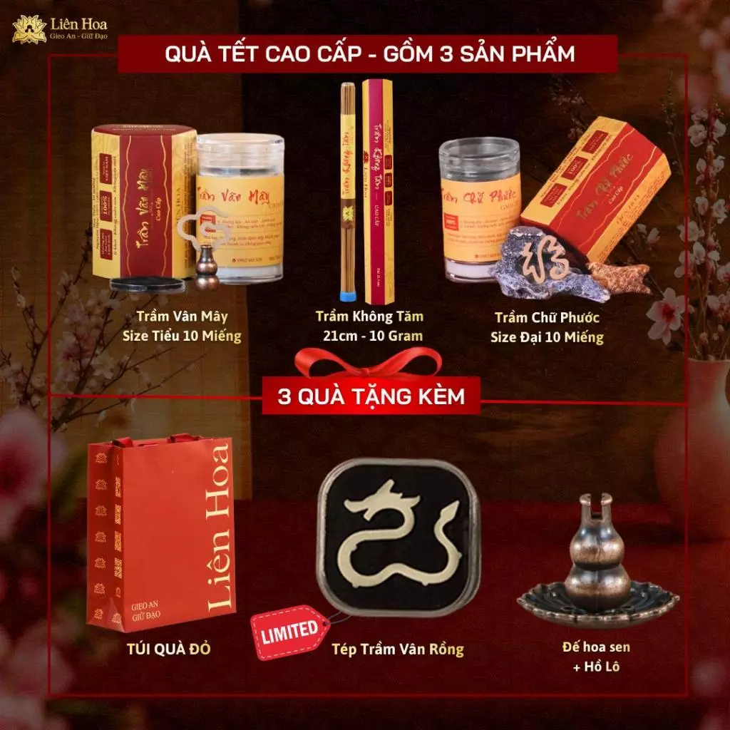 Quà Tết Cao Cấp Xuân Như Ý – Trầm Chữ Phước + Vân Mây + Không Tăm + 3 QUÀ | Trầm Cao Cấp 15+ năm