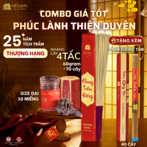 Combo Thượng Hạng - PHÚC LÀNH THIỆN DUYÊN - Trầm Hương Liên Hoa - Nhang Cây và Trầm Chữ Phước + TẶNG KÈM Trầm Không Tăm