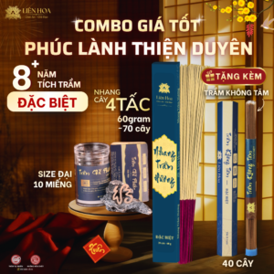 Combo Đặc Biệt - PHÚC LÀNH THIỆN DUYÊN - Trầm Hương Liên Hoa - Nhang Cây và Trầm Chữ Phước + TẶNG KÈM Trầm Không Tăm