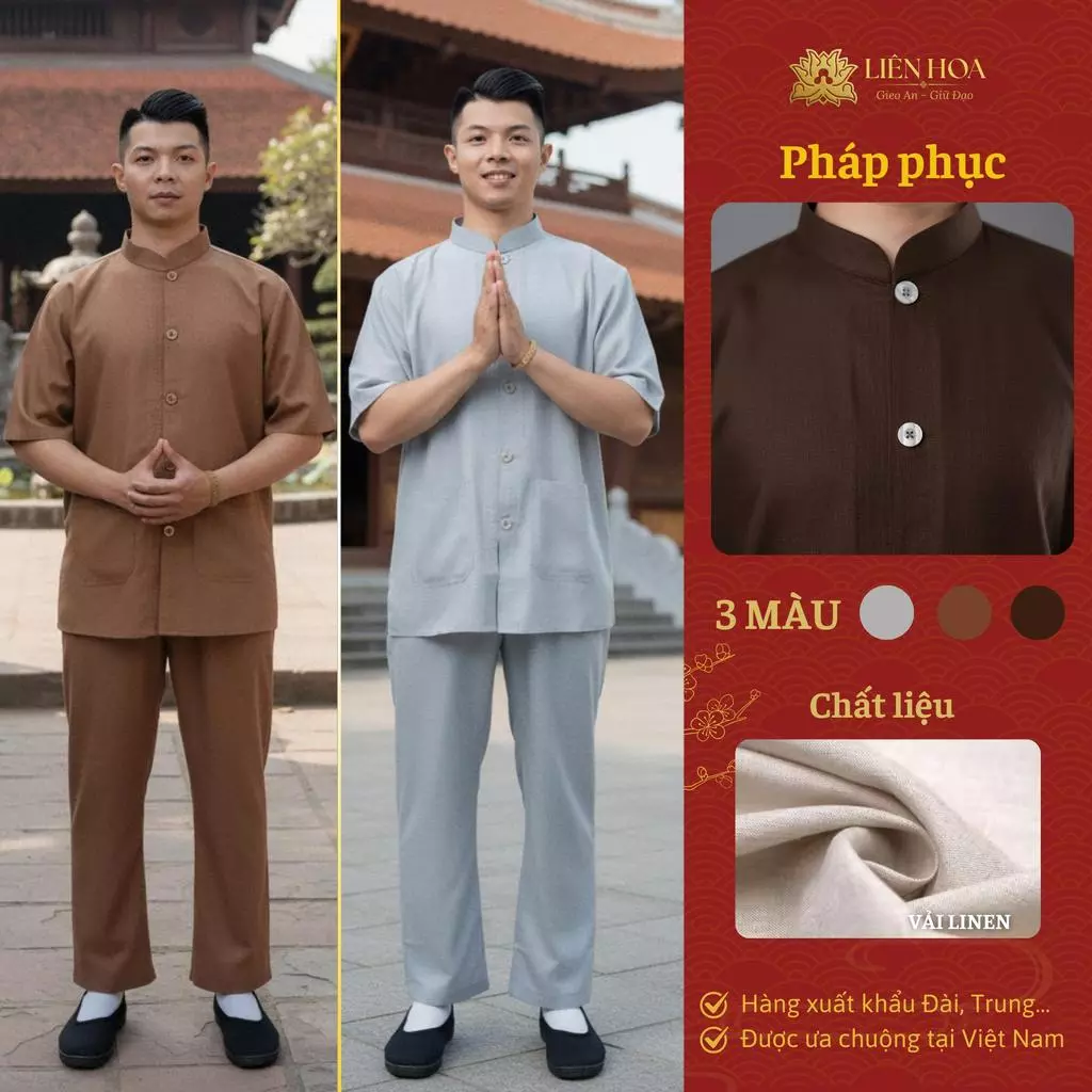 Đồ Lam Nam Đi Chùa - Cổ Trụ, Cúc Cài Tay Ngắn, Tối Giản Thanh Tịnh - Pháp Phục Liên Hoa - Hàng Thiết Kế - M3-LINEN