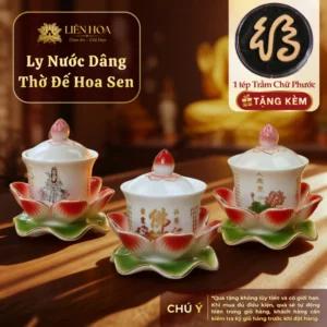 Ly Nước Thờ Cúng Đế Hoa Sen Gốm Sứ Cao Cấp – Họa Tiết Quan Âm, Chữ Phật, Đại Bi – Ly Thờ Phật Trang Nghiêm Màu Trắng