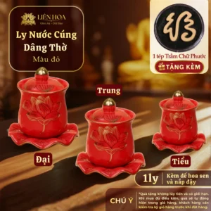 Ly Nước Thờ Cúng Có Nắp Kèm Đế Hoa Sen (Màu Đỏ May Mắn) - Phụ Kiện Thờ Cúng - Gốm Sứ Cao Cấp