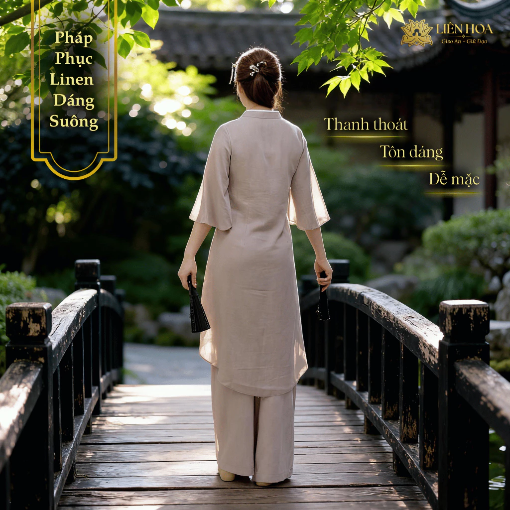 Pháp Phục Nữ Liên Hoa - Đầm 1 Nút Truyền Thống, Thêu Hoa Sen, Thanh Lịch Đi Chùa - Hàng Thiết Kế - W1-LINENHQ-THEU - Ảnh 6