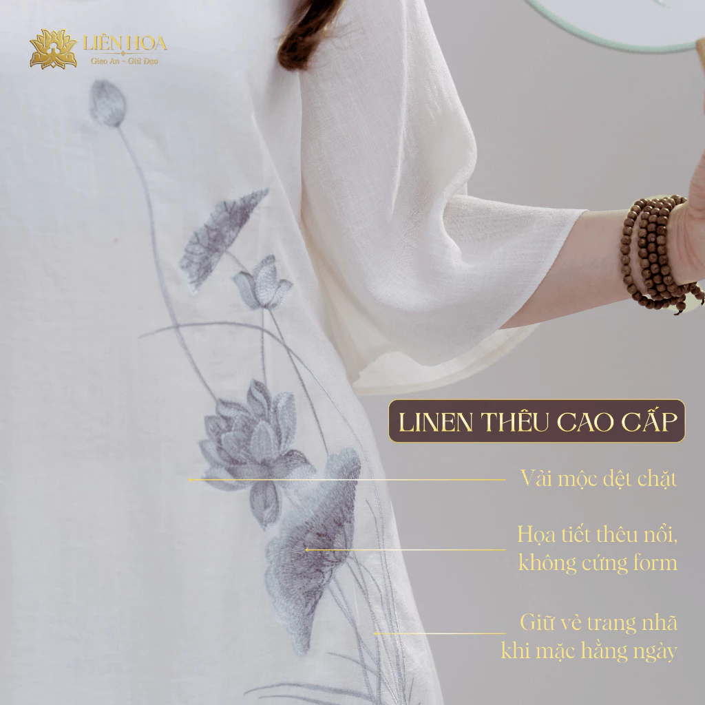 Pháp Phục Nữ Liên Hoa - Đầm 1 Nút Truyền Thống, Thêu Hoa Sen, Thanh Lịch Đi Chùa - Hàng Thiết Kế - W1-LINENHQ-THEU - Ảnh 5