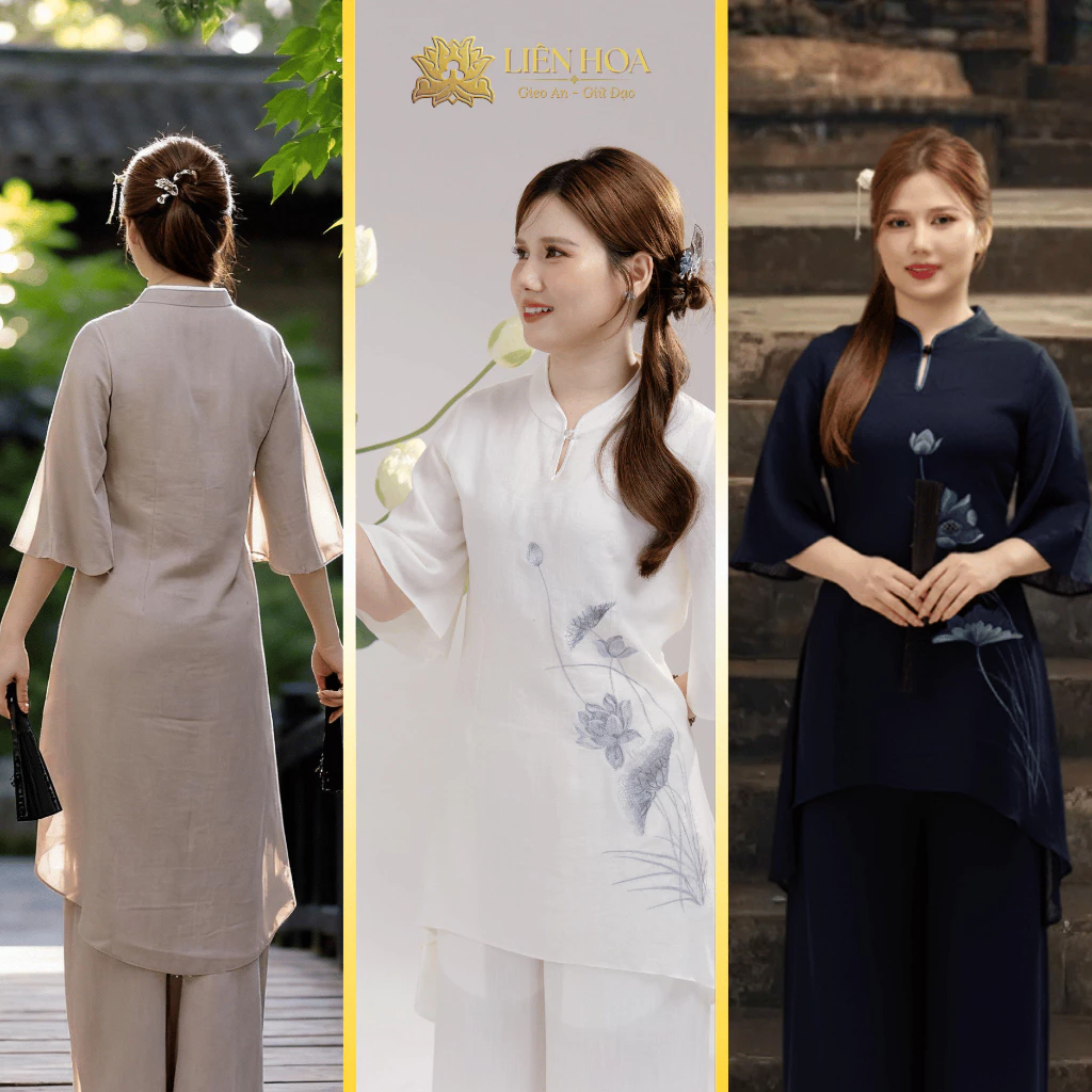 Pháp Phục Nữ Liên Hoa - Đầm 1 Nút Truyền Thống, Thêu Hoa Sen, Thanh Lịch Đi Chùa - Hàng Thiết Kế - W1-LINENHQ-THEU - Ảnh 2
