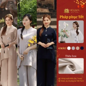 Pháp Phục Nữ Liên Hoa - Đầm 1 Nút Truyền Thống, Thêu Hoa Sen, Thanh Lịch Đi Chùa - Hàng Thiết Kế - W1-LINENHQ-THEU