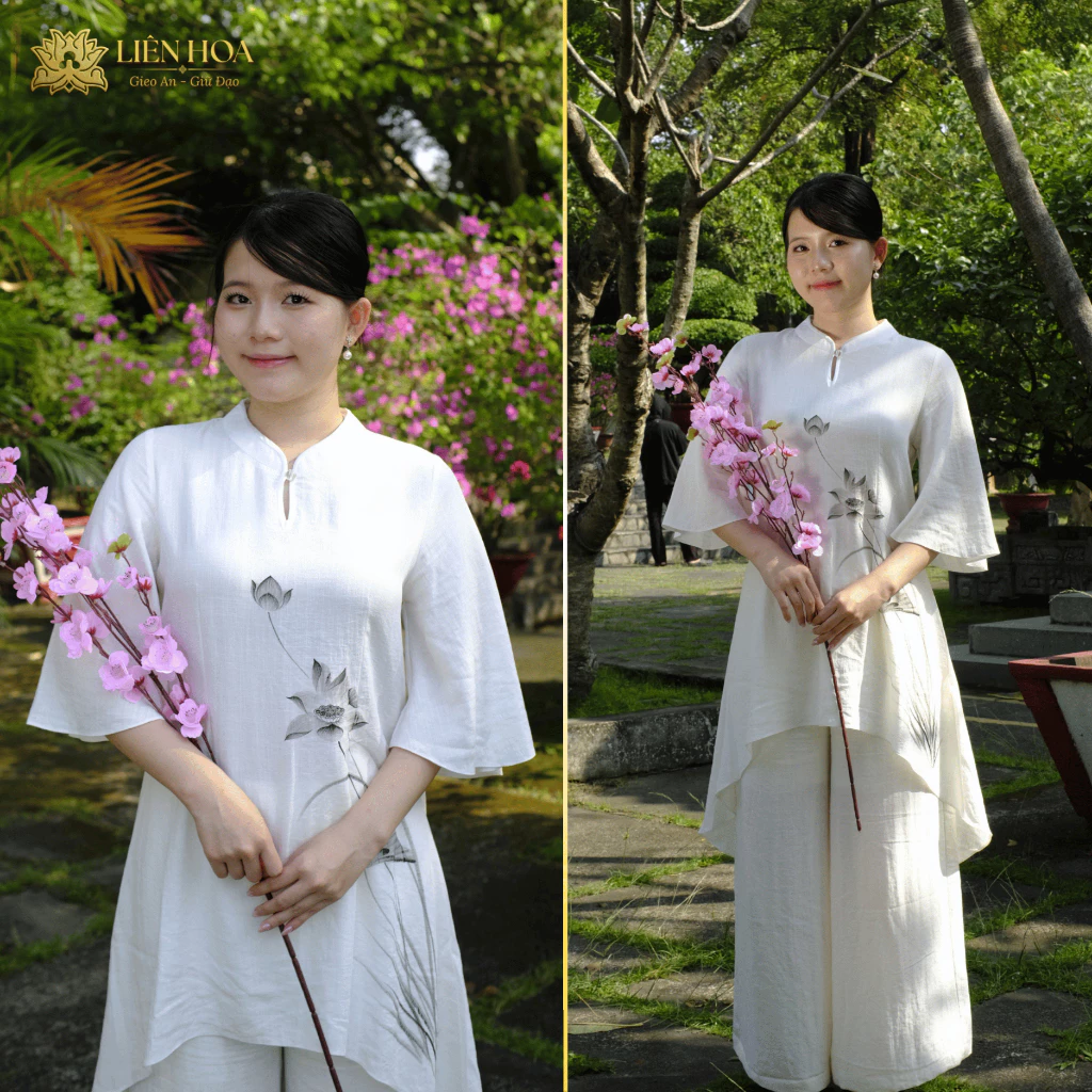 Pháp Phục Nữ Liên Hoa - Đầm 1 Nút Truyền Thống, Thêu Hoa Sen, Thanh Lịch Đi Chùa - Hàng Thiết Kế - W1-LINENHQ-THEU - Ảnh 7