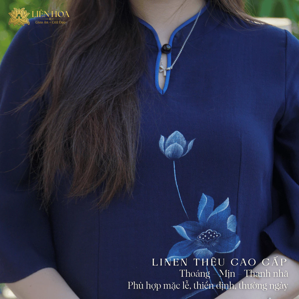 Pháp Phục Nữ Liên Hoa - Đầm 1 Nút Truyền Thống, Thêu Hoa Sen, Thanh Lịch Đi Chùa - Hàng Thiết Kế - W1-LINENHQ-THEU - Ảnh 8