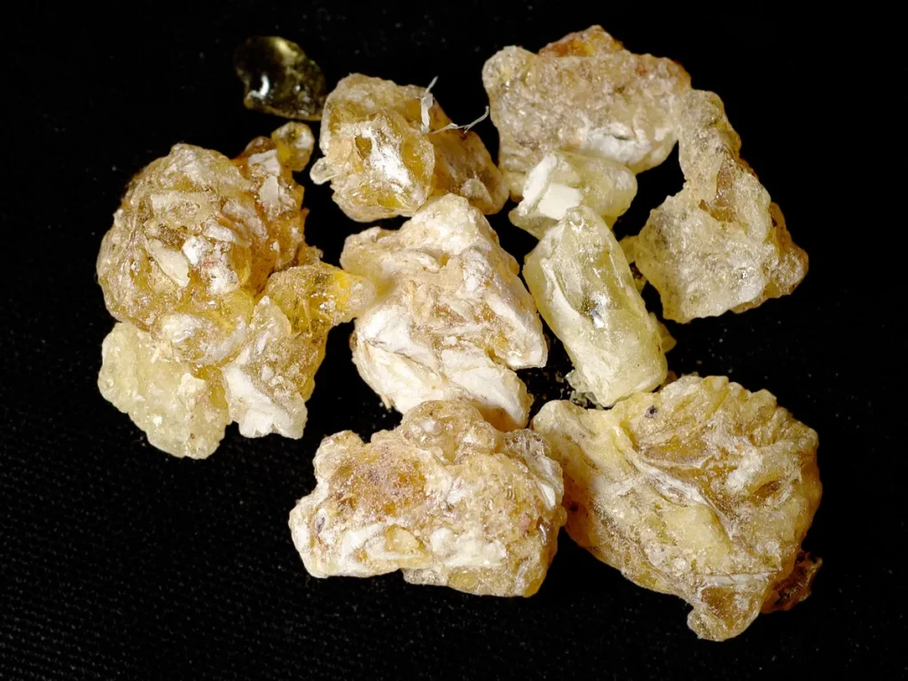 Những hạt nhựa nhũ hương vàng nhạt, đục trắng đặt trên nền vải đen